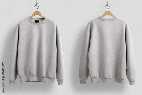 Light gray sweatshirt on hangers, front and back view