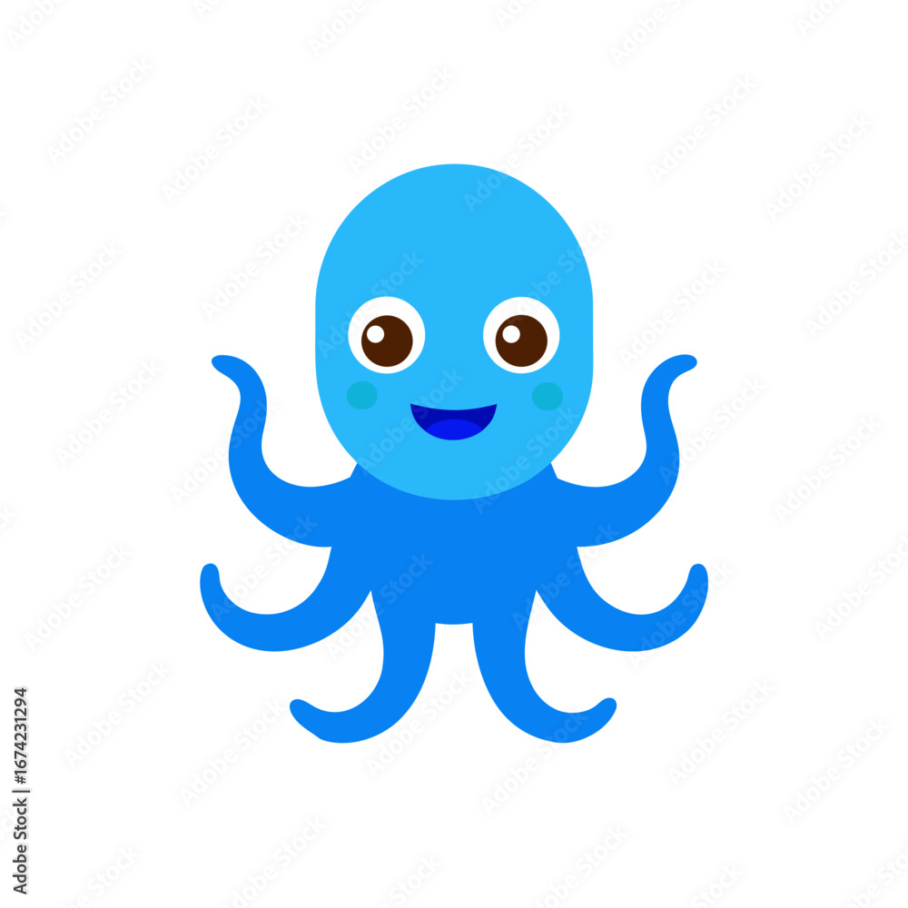 Obraz premium Cartoon blue octopus with big brown eyes on transparent background