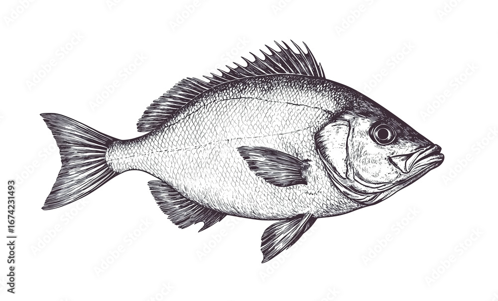Obraz premium Fish sketch dorado gilt-head bream. Vintage retro print, black white gilt-head bream fish sketch ink pencil style drawing, linear drawing, engrave old school. Sketch artwork dorado fish. Illustration