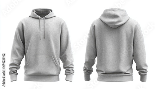 Gray hoodie, front and back view, on a white background