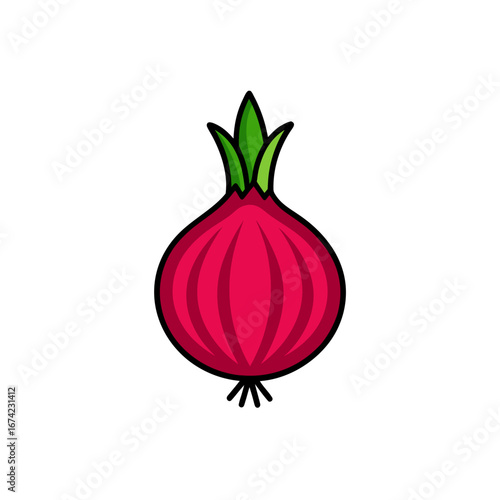 Illustration of a red onion with green top on transparent background
