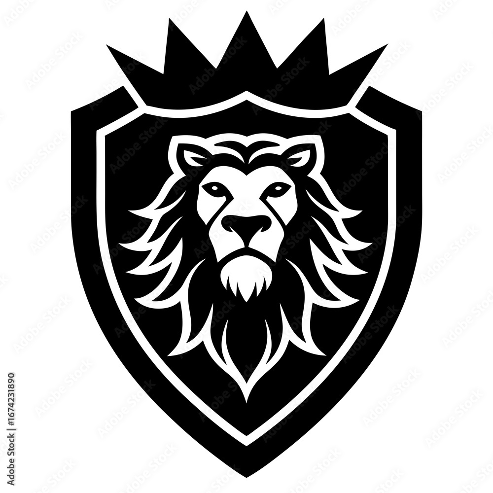Obraz premium Bold black and white emblem featuring a regal lion s head adorned with a crown atop a shield