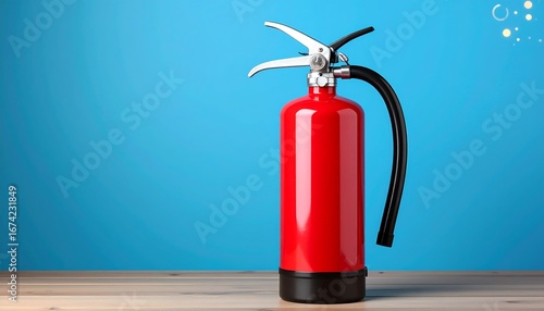 Red fire extinguisher on a light brown surface