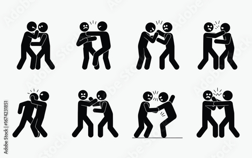 Stick figuViolent physical conflict icon set