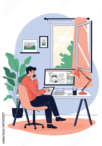 Modern home office setup with person working on computer and tablet
