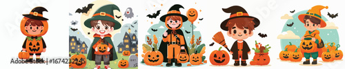 vector of a boy with pumpkin costume