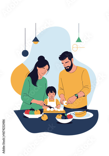 Happy family preparing a healthy meal together in the kitchen creating joyful memories while learning culinary skills