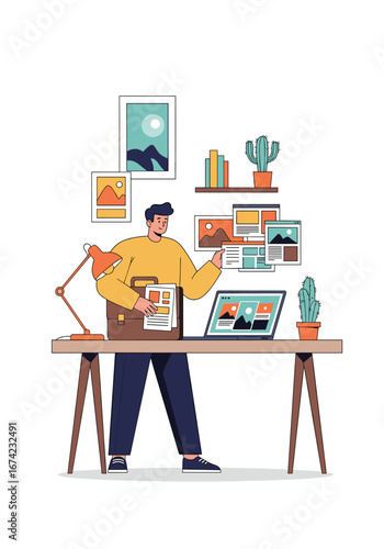 Creative professional organizes digital portfolio assets on workspace desk using laptop and portfolio briefcase for modern project management and content creation