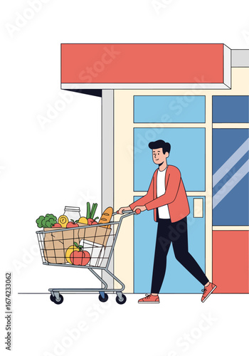 Man pushing grocery cart through store entrance shopping for groceries is essential and rewarding