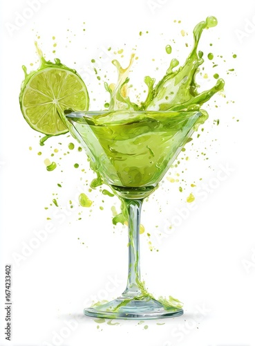 Lime cocktail in martini glass, splashing liquid