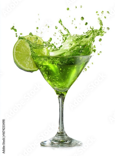 Vibrant green cocktail splashing from martini glass with lime