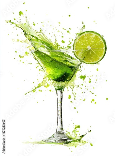 Vibrant green cocktail in a martini glass, with lime and splash
