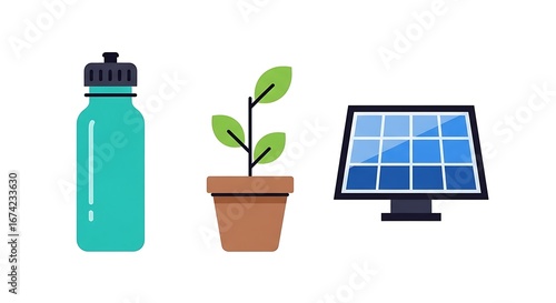 Wallpaper Mural A modern flat icon collection representing a sustainable lifestyle, featuring symbols for solar energy, nature, and zero waste concepts Torontodigital.ca