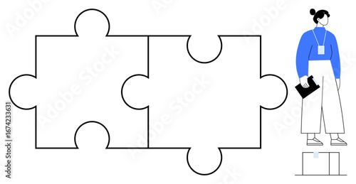 Two large interlocking puzzle pieces near a woman holding a clipboard. Ideal for teamwork, collaboration, problem-solving, strategy, organization, analysis, partnership. Minimal flat metaphor