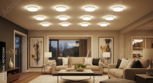 Residential living room ceiling with newly installed LED retrofit can lights casting even natural white light across the space.