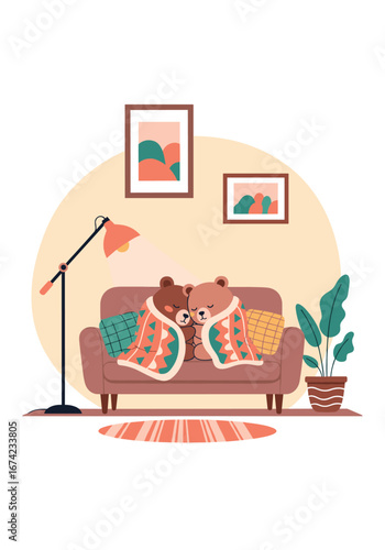 Two cozy bears snuggling under a blanket on a sofa in a warm living room with artwork and a plant