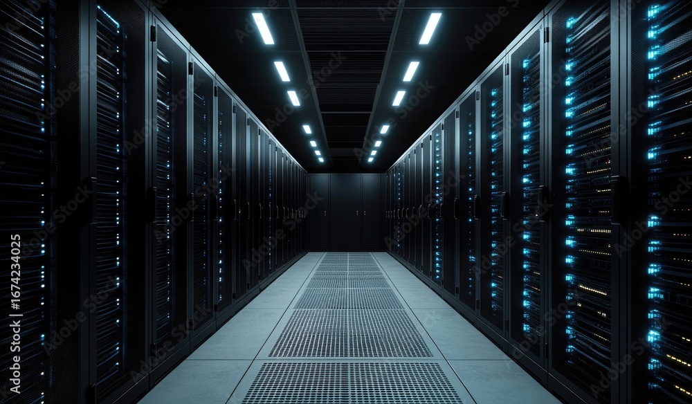Fototapeta premium Dark server room, rows of metal racks, glowing blue lights