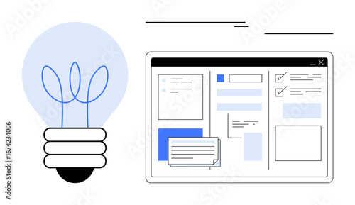 Light bulb adjacent to web interface featuring checklists, notes, and interactive elements. Ideal for brainstorming, productivity, creativity, project planning, innovation, teamwork simple flat