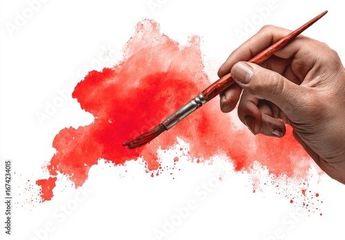 Hand holding paintbrush, applying vibrant red watercolor