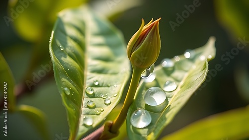 Close-up of fresh tea leaves with morning dew in soft natural light, botanical setting.