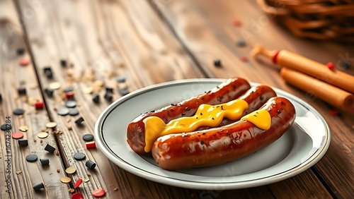 Steaming bratwurst with mustard on porcelain plate, rustic table with scattered confetti.