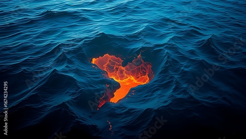 Deep blue ocean waves with glowing cracks beneath the surface, hinting at volcanic activity.