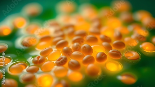 Glowing seeds suspended in vibrant green liquid, embodying natural healing and vitality.