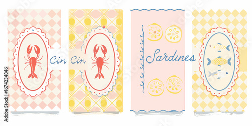 Charming illustration of seafood dishes with a retro feel featuring lobsters sardines and lemons