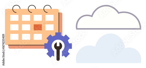 Calendar with marked date, customization gear, and cloud icons highlighting planning, cloud sync, automation, collaboration, task management, project scheduling and productivity. Ideal for simple