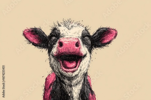 A cheerful, cartoon-style cow with a wide, happy grin, showing its pink mouth.