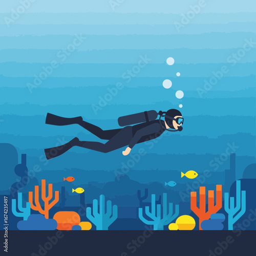 Diver swims underwater near coral and fish.