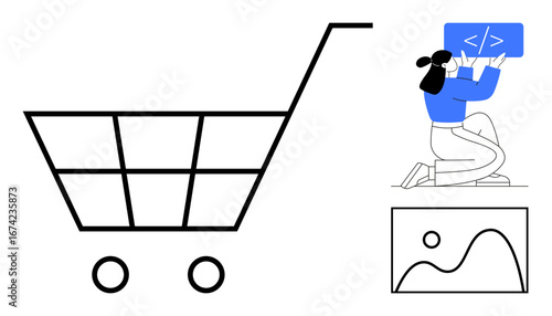 Shopping cart outline, developer working with code, and minimalistic graphic element. Ideal for e-commerce solutions, web development, user interface design, data integration, online shopping