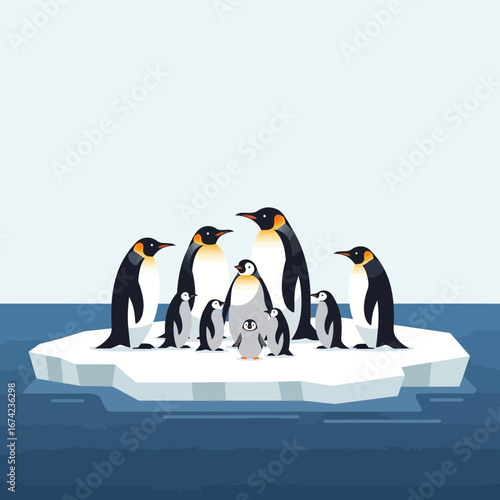 Penguins huddle together on a small ice floe in the ocean.