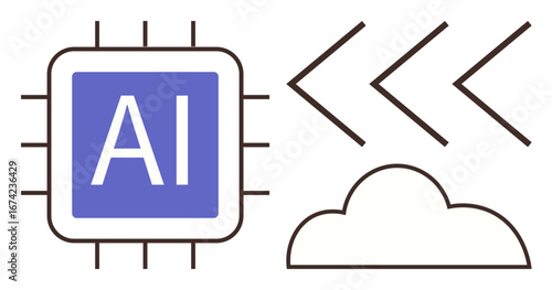 AI processor chip with AI text, directional arrows, cloud icon. Ideal for artificial intelligence, cloud technology, data processing, innovation, connectivity future tech machine learning. Simple