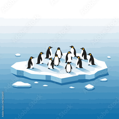 A group of penguins huddle together on a small ice floe.