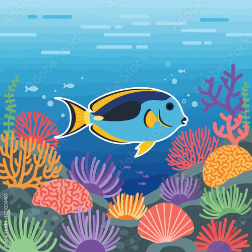 Blue fish swims among colorful coral reef under the sea.