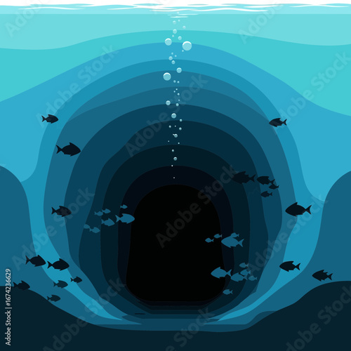Deep ocean trench with fish and rising bubbles.