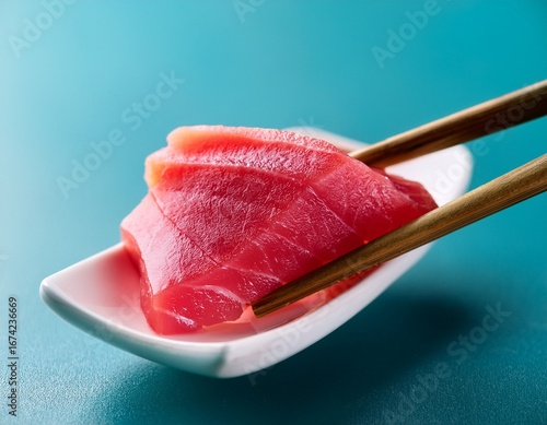 wooden chopsticks holding fresh tuna sashimi slice