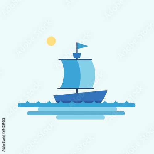 A blue sailboat on the water under a yellow sun.