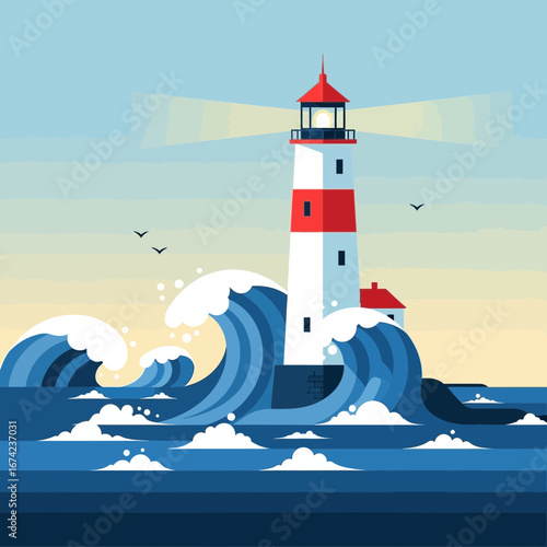 Lighthouse stands tall amidst stormy ocean waves under a clear sky.