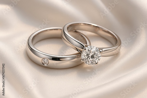 Wallpaper Mural Elegant platinum wedding band set with princess-cut diamonds on silk fabric backdrop Torontodigital.ca