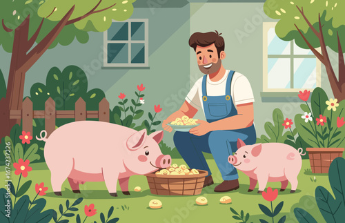 Man feeding pigs with joy in a colorful garden setting