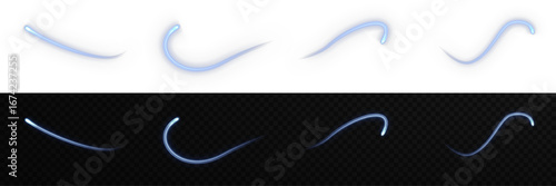 Glowing blue laser beam light streak isolated on transparent background. Dynamic speed line with blur and flash effect, futuristic luminous trail design for abstract technology banner, poster, or deco