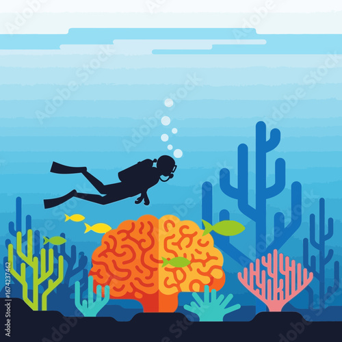 Diver explores underwater coral reef with brain shaped coral.