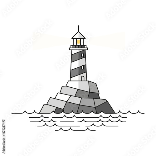 Lighthouse on a rocky island in the sea.