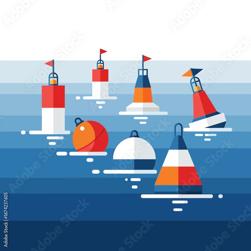 Collection of nautical buoys floating on blue water surface.