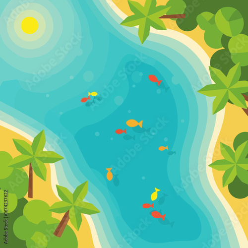 Tropical river scene with fish palm trees and sunshine from above