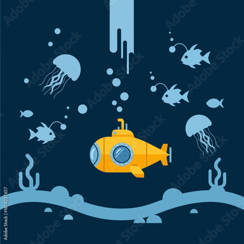 Yellow submarine explores deep blue ocean with fish and jellyfish.