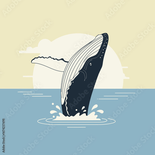 A whale breaches from the ocean water with a sun in the background.