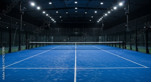 Illuminated indoor padel tennis court with blue surface and marked white lines